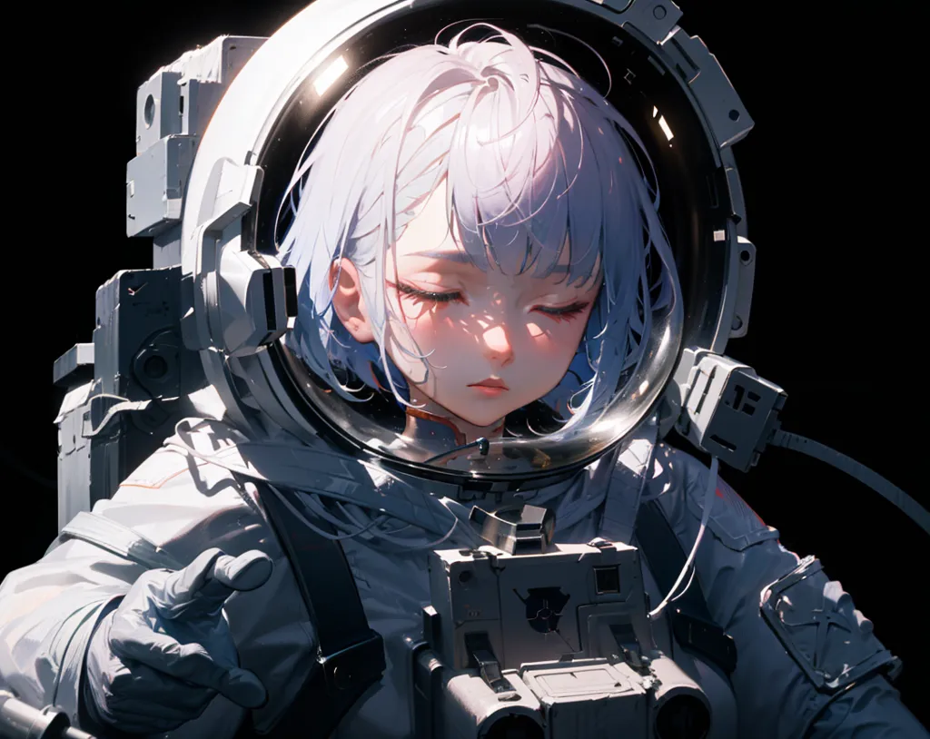 L'image montre une jeune fille dans une combinaison spatiale avec son casque. La combinaison spatiale est blanche et a un casque à bulle transparent. La fille a les cheveux courts et blancs. Elle regarde vers le bas avec les yeux fermés. Il y a une petite lumière sur le côté gauche de son casque. L'arrière-plan est noir.