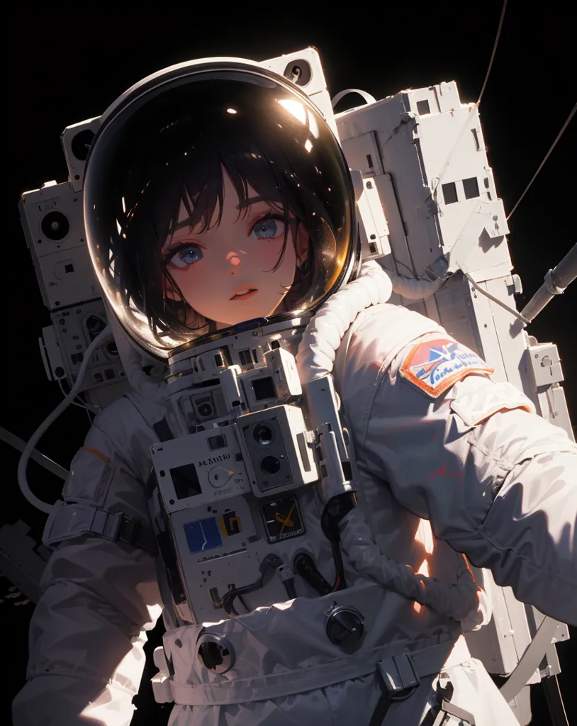 Esta es una imagen de una chica anime con un traje espacial y su casco puesto. Tiene el cabello castaño y ojos azules. El traje espacial es blanco con un casco de burbuja transparente. Hay muchos botones y interruptores en el traje espacial. Ella está de pie frente a un fondo oscuro.