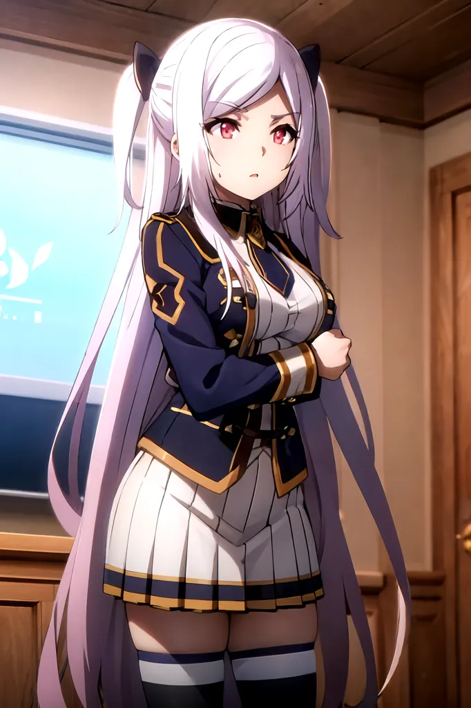 The image shows a young woman with long silver hair and red eyes. She is wearing a white and blue military-style uniform with a pleated skirt and a white tie. She has cat ears and is looking at the viewer with an irritated expression.