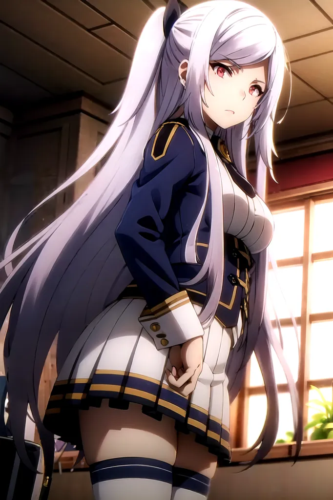 The image is an anime-style illustration of a young woman with long silver hair and red eyes. She is wearing a white and blue military-style uniform with a short skirt and a long ponytail. She is standing in a room with a wooden floor and a large window. The window has a view of a city. The woman is looking at the viewer with a serious expression.