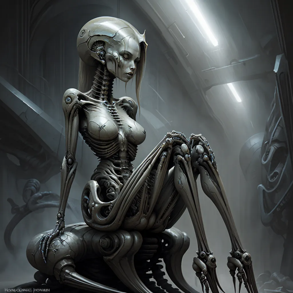 The image is a depiction of a female cyborg. She is sitting on a metallic structure, with her legs crossed and her arms resting on her knees. The cyborg's body is mostly made of metal, with some organic elements, such as her face and hands. Her eyes are a deep blue color, and her hair is long and white. The cyborg is wearing a revealing outfit, which shows off her metallic body. The background of the image is a dark, industrial setting.