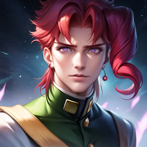 This image shows a young man with red hair and purple eyes. He is wearing a green military-style uniform with gold buttons. He has a serious expression on his face. He is standing in front of a dark blue background with sparkles of light.