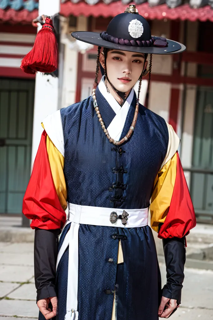 La imagen muestra a un hombre joven con un hanbok, un atuendo tradicional coreano. El hanbok consta de un jeogori, una chaqueta corta, y baji, pantalones. El jeogori es de color azul oscuro con mangas rojas y amarillas. El baji es blanco. El hombre lleva un gat negro, un sombrero tradicional coreano. También lleva una espada. El hombre está de pie en un patio. Hay un edificio con una puerta roja al fondo.