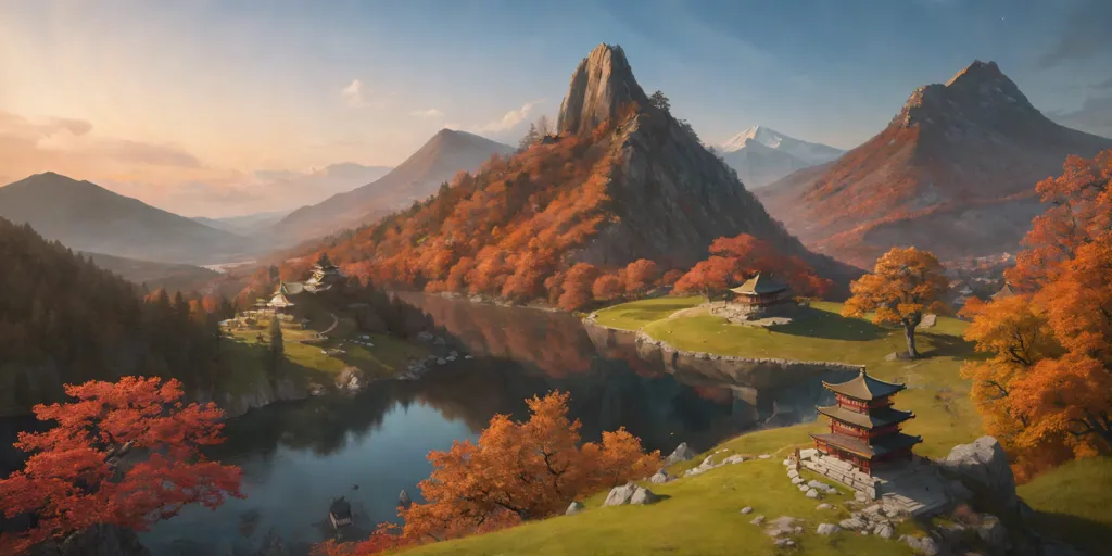 A imagem é uma bela pintura de paisagem no estilo da arte chinesa. A pintura retrata um lago em primeiro plano, com uma pequena ilha no meio do lago. Na ilha há um pavilhão. O fundo da pintura é uma cordilheira, com uma grande montanha no centro. As montanhas são cobertas de árvores e há uma cachoeira no lado esquerdo da montanha. O céu é um gradiente de laranja e amarelo, com algumas nuvens. A pintura é feita em cores amortecidas e o efeito geral é de paz e tranquilidade.