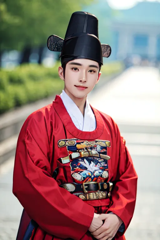 The picture shows a young man wearing a red and gold traditional Korean outfit called a hanbok. The hanbok consists of a jeogori, a short jacket with long sleeves, and baji, loose-fitting pants. The man is wearing a gat, a traditional Korean hat. He is also wearing a belt and a pair of shoes. The man is standing in a courtyard, with a wall and a tree in the background.