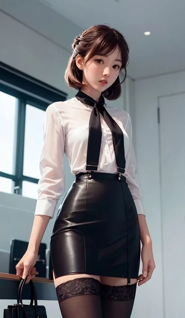 The image shows a young woman standing in an office. She is wearing a white blouse, a black leather skirt, and black stockings. She is also wearing a black tie and suspenders. Her hair is short and brown, and her eyes are brown. She is holding a black purse in her right hand. There is a window and a door in the background.