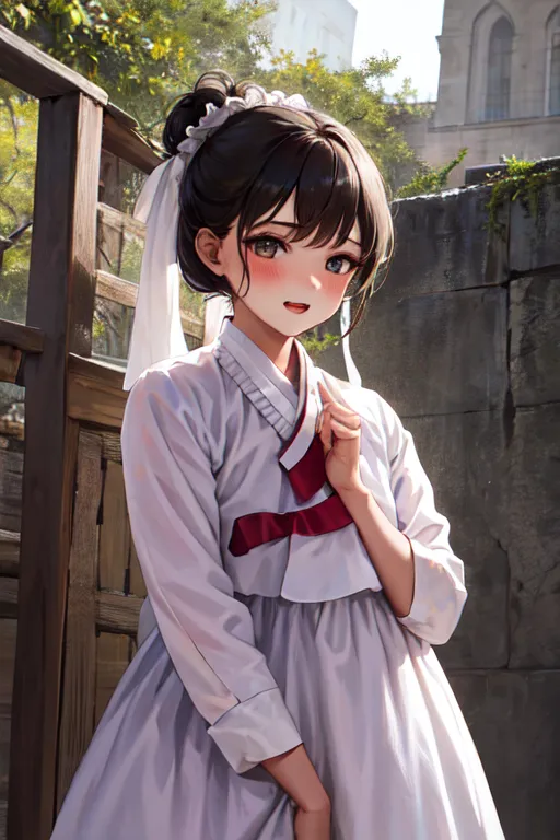 The picture shows a young girl, with a slightly embarrassed expression on her face, wearing a white hanbok with a red sash and a white ribbon in her hair. She is standing in a courtyard, with a wooden fence and a stone wall in the background. The girl's hair is dark brown and her eyes are brown. She is wearing a traditional Korean hairpin. The hanbok is white with a red sash and a white ribbon in her hair. She is standing in a courtyard, with a wooden fence and a stone wall in the background.