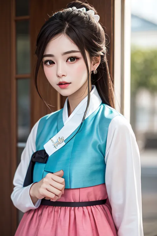 The image shows a young woman wearing a hanbok, a traditional Korean dress. The hanbok is light blue with a white collar and a pink skirt. The woman has long black hair and brown eyes. She is wearing a pink ribbon in her hair and a necklace with a jade pendant. She is standing in front of a traditional Korean house with wooden doors.