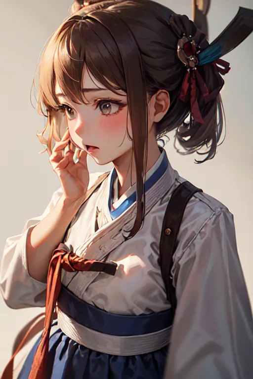 The picture shows a young girl with brown hair tied in a bun. She is wearing a traditional Korean outfit called a hanbok. The hanbok is white with blue and red accents. The girl is looking to the side with a surprised expression on her face.