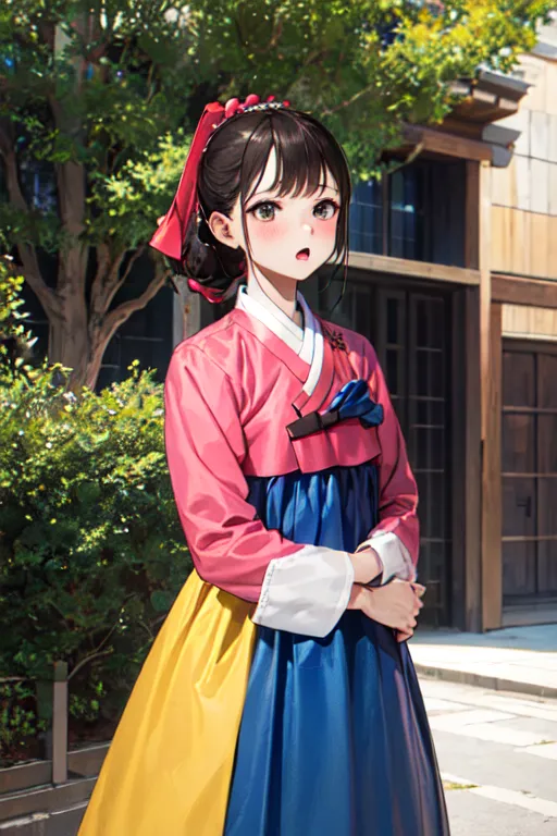 Esta é uma imagem de uma jovem mulher usando um hanbok, um vestido tradicional coreano. O hanbok é rosa, amarelo e azul, e a mulher está usando uma fita rosa no cabelo. Ela está em pé em frente a uma casa tradicional coreana. O fundo é verde e há árvores e flores ao fundo.