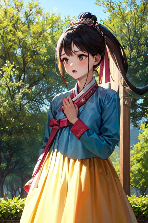 A imagem é de uma jovem mulher usando um tradicional hanbok coreano. O hanbok é uma peça de vestuário linda e colorida, e a mulher parece muito elegante e graciosa nele. A mulher está em pé em um jardim, e as árvores e flores ao fundo adicionam beleza à cena. A imagem é muito pacífica e serena, e ela captura a beleza da cultura coreana.