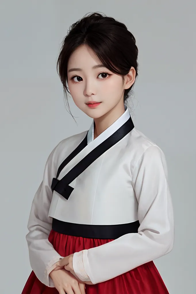 La imagen muestra a una mujer joven que lleva un hanbok, un vestido tradicional coreano. El hanbok es blanco y rojo, con un cinturón negro atado alrededor de la cintura. El cabello de la mujer es negro y recogido en un moño. Lleva maquillaje, incluyendo lápiz labial rojo y sombra de ojos. Mira a la cámara con una leve sonrisa en su rostro.