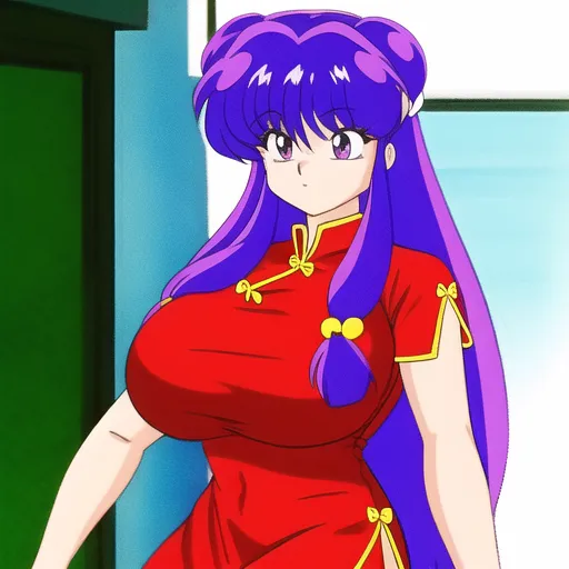 The image shows a woman with purple hair and purple eyes. She is wearing a red cheongsam with a high collar and a long slit on one side. The dress is trimmed with yellow and has yellow buttons. She is standing in a hallway with her left hand on her hip and her right hand hanging at her s