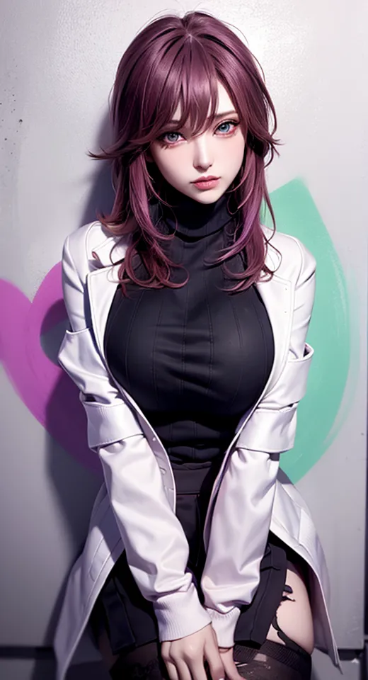 The image is a painting of a beautiful anime girl with long purple hair. She is wearing a black turtleneck blouse and a white lab coat. She has a serious expression on her face. The background is a white wall with two colorful hearts painted on it.