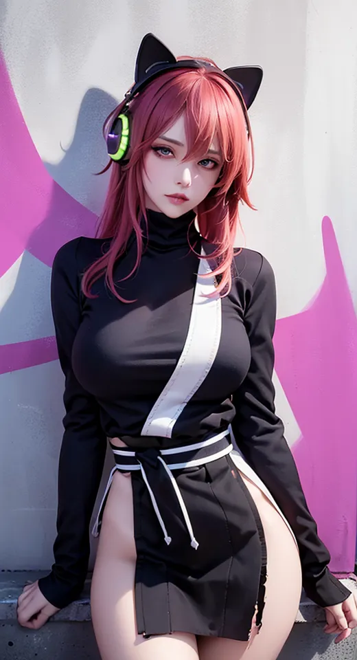 The image is a photo of a young woman with pink hair and cat ears. She is wearing a black turtleneck dress with a white stripe down the middle. The dress is cut high on the sides, showing off her legs. She is also wearing black headphones. The woman is standing in front of a pink and purple wall.