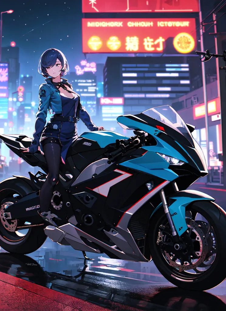 Une jeune femme est assise sur une moto bleue et noire. Elle porte une combinaison noire et une veste bleue. Elle a les cheveux courts bleus et les yeux bleus. La moto est garée dans une ville la nuit. Il y a des bâtiments et des enseignes au néon en arrière-plan. La femme regarde l'objectif.