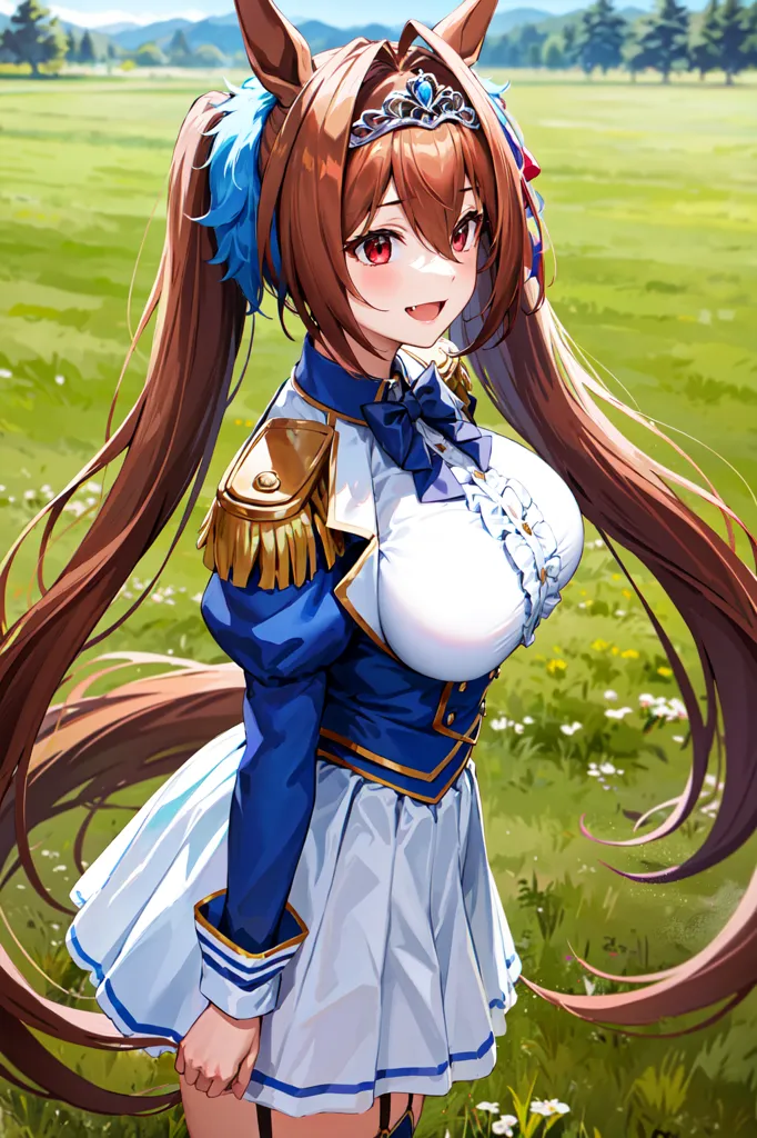 The image shows an anime-style girl with long brown hair and fox ears. She is wearing a white and blue military-style outfit with a skirt and a large blue bow on her chest. She has a friendly smile on her face and is standing in a field of green grass and flowers. In the distance are large green hills.