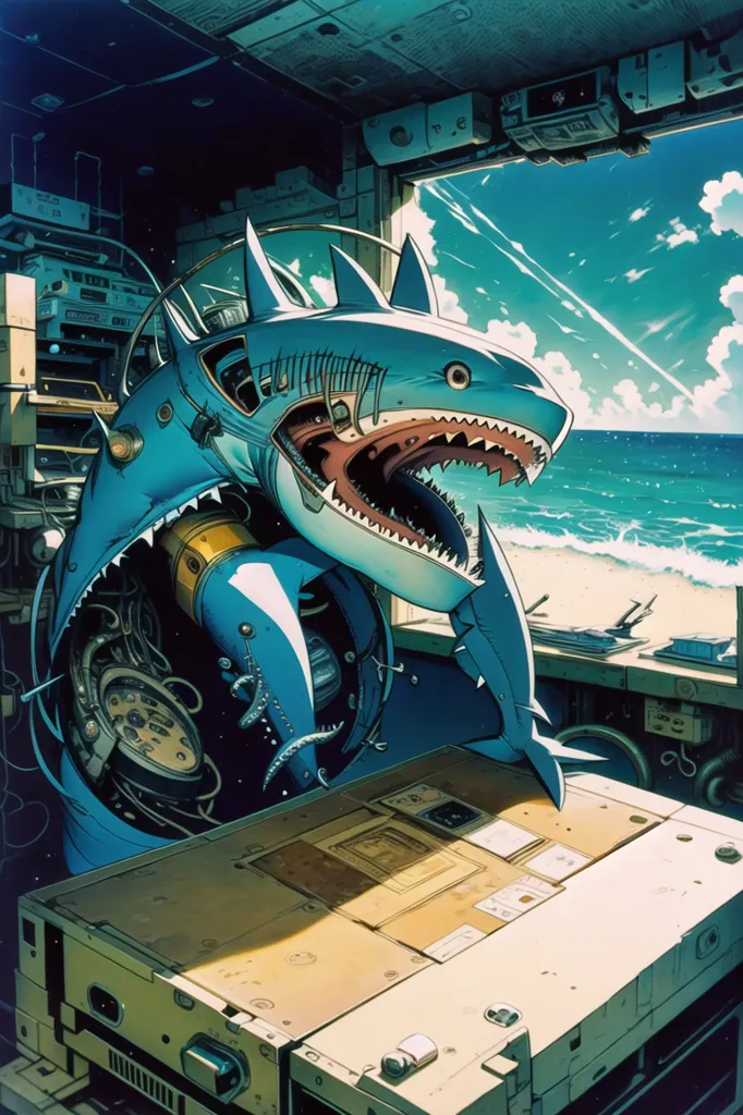 The image is a painting of a shark sitting in an office chair in a room. The shark is wearing a suit and tie, smoking a cigar, and has a phone in his hand. There is a window behind him that shows a beach and ocean. The painting is done in a realistic style, and the colors are vibrant and bright.