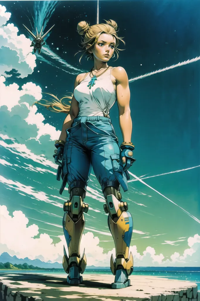 This is an image of a woman standing on a rocky cliff overlooking the ocean. She is wearing a white tank top and blue jeans. She has blonde hair that is tied up in a ponytail and blue eyes. She is also wearing a pair of goggles and a utility belt. There is a spaceship in the sky above her. The background is a blue sky with white clouds.