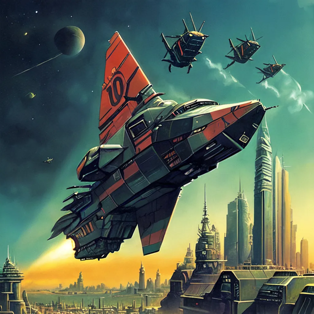 The image is a painting of a spaceship flying over a futuristic city. The spaceship is in the foreground and is a sleek, silver design with red accents. It is flying towards the viewer and there are three smaller ships flying behind it. The city is in the background and is made up of tall buildings and skyscrapers. The sky is orange and there are two moons in the background.