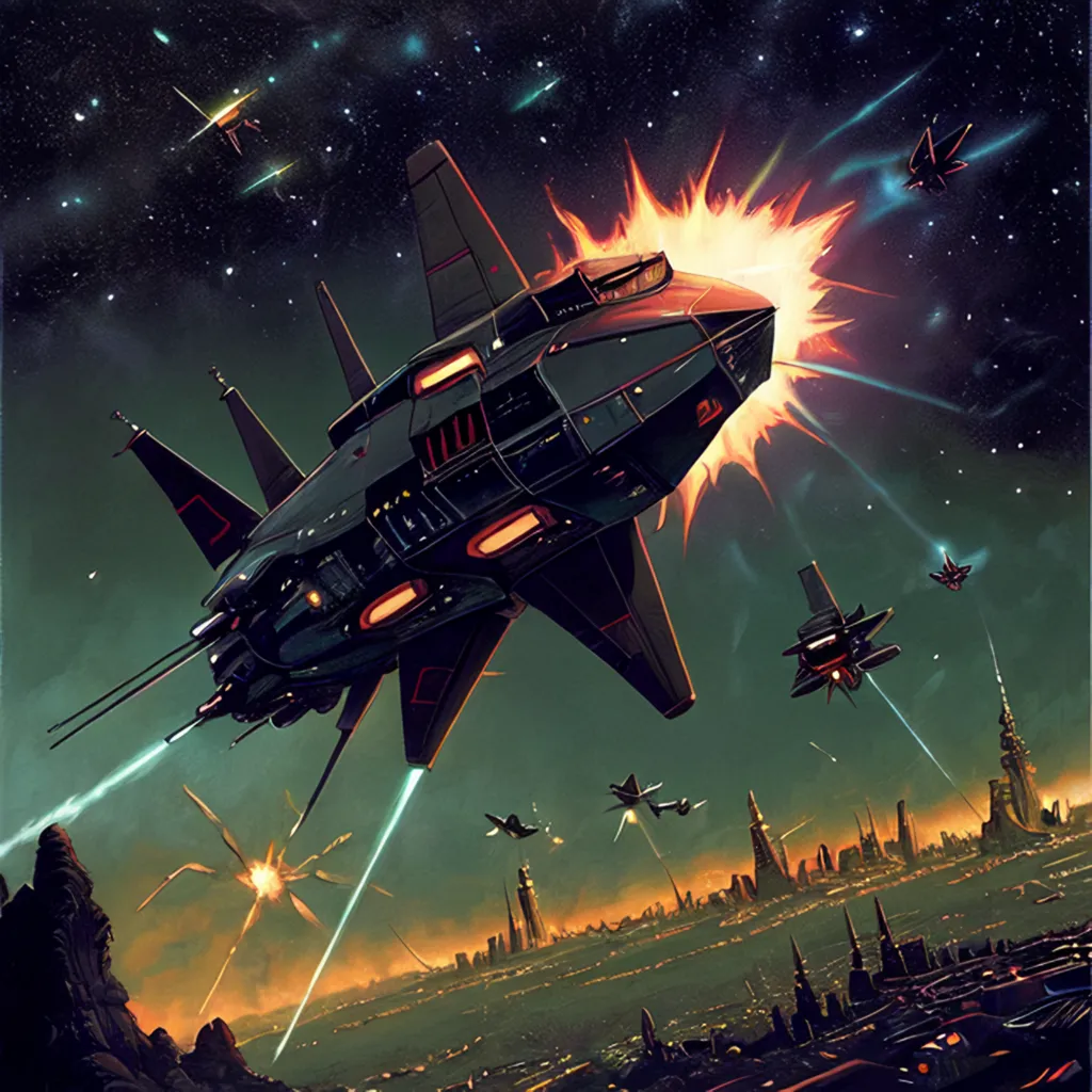 La imagen es una pintura de ciencia ficción de una batalla espacial. Hay varios naves espaciales, de diversos diseños, participando en combate. Una nave está siendo alcanzada por un disparo de láser y está explotando. La batalla se está llevando a cabo sobre una ciudad, que está iluminada por las explosiones. También hay montañas en el fondo. La pintura está hecha en un estilo realista, y el artista ha utilizado una variedad de técnicas para crear una sensación de profundidad y atmósfera. La pintura está llena de acción y emoción, y capta la imaginación del espectador.