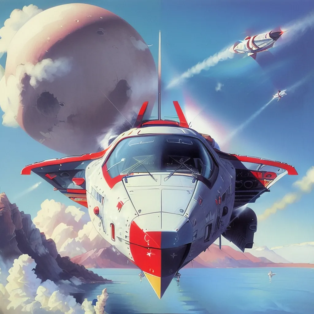 The image shows a white and red spaceship in the center with a large moon in the background. The spaceship has a large cockpit in the front and two engines on the back. There are two smaller spaceships in the background. The planet has a blue ocean with white clouds and a large mountain range. The sky is light blue and there are some clouds.