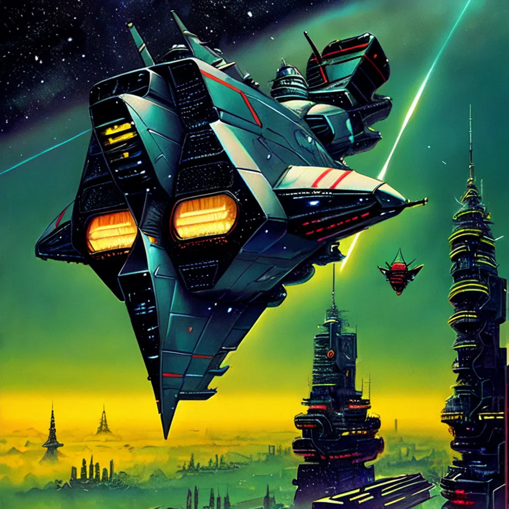 The image is a painting of a spaceship in space. The spaceship is grey and black, with a green stripe along the side. It has two large engines on the back, and a smaller engine on the front. There are also two small wings on the side of the spaceship. The spaceship is flying over a planet with a yellow atmosphere. There are tall buildings on the planet, and a large city can be seen in the distance. The painting is done in a realistic style, and the artist has used shading to create a sense of depth and atmosphere.