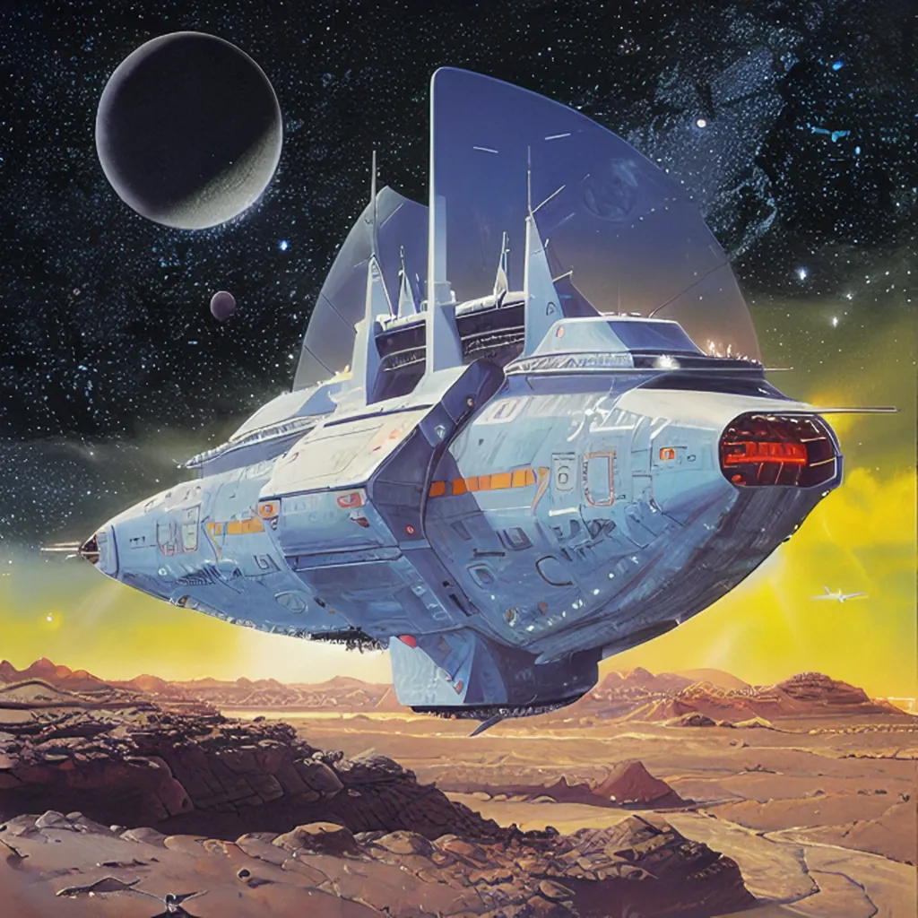 The image shows a spaceship flying over a rocky moon or planetary landscape. The spaceship is grey and has a large viewing window on the front. There are two large engines on the back of the spaceship. The moon or planet has a thin atmosphere and there are two moons or planets in the sky.