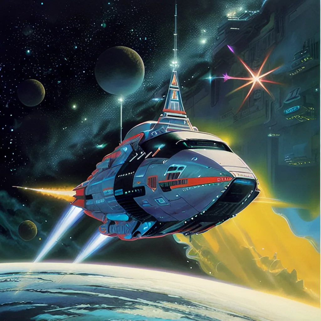 A imagem é uma pintura de uma nave espacial no espaço. A nave espacial está em primeiro plano e é uma nave prateada e elegante com acentos azuis e vermelhos. Ela tem um grande motor na parte de trás e está rodeada de estrelas. Em segundo plano, há um planeta com atmosfera azul e superfície amarela. Há também duas luas em segundo plano. A pintura é feita em um estilo realista e tem muitos detalhes.