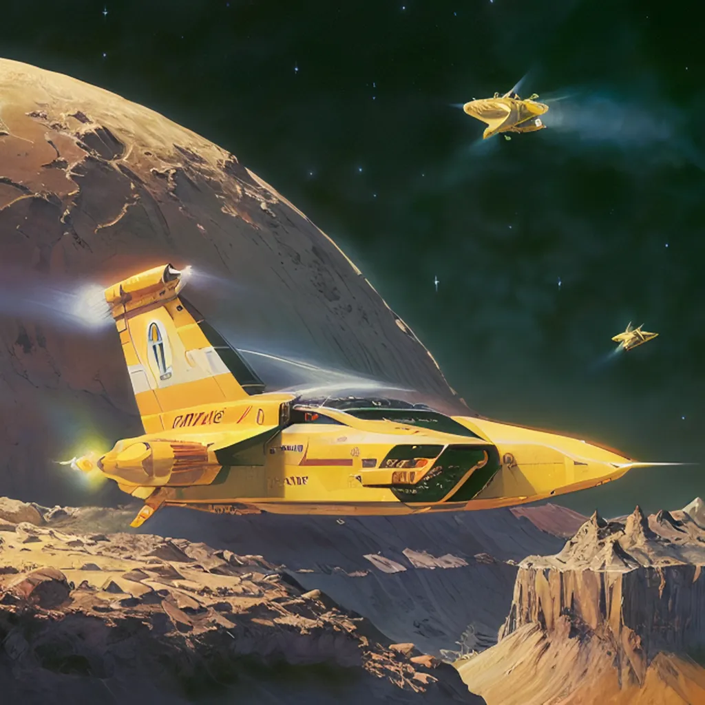 The image shows three yellow spaceships flying over a rocky moon or planetary landscape. The ships are sleek and futuristic, with long, pointed wings and large engines. They are flying in formation, with the lead ship slightly ahead of the other two. The moon or planet's surface is barren and rocky. There are no visible signs of life. The sky is dark, and there are stars in the distance.