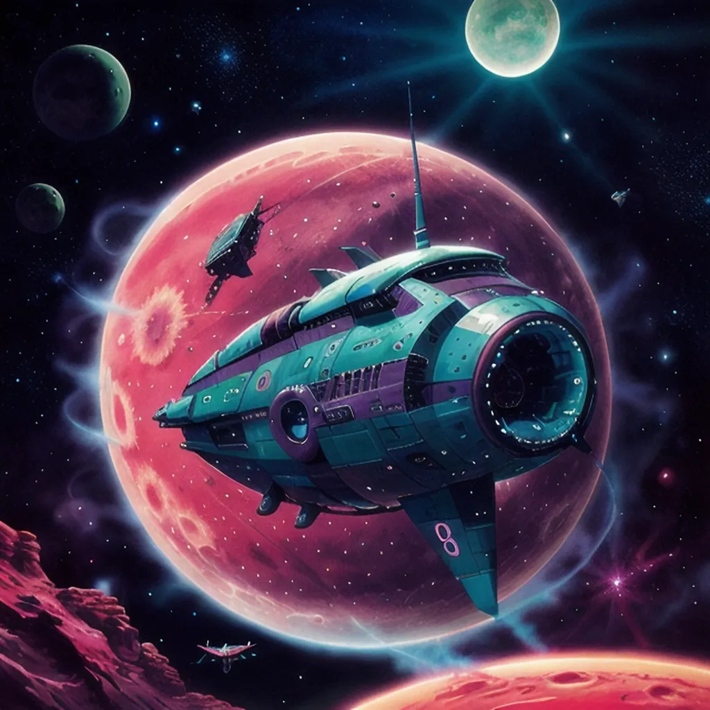 The image is a painting of a spaceship in space. The spaceship is blue and green with a large engine on the back. It is flying in front of a large red planet. There are two moons in the background and a few stars. The painting is done in a realistic style and the colors are very vibrant.