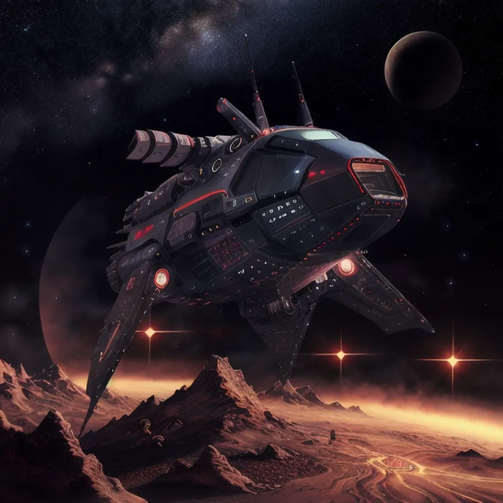 The image is a painting of a spaceship flying over a rocky moon or planetary landscape. The ship is black with red details and has a sleek design. It is flying low to the ground, with large thrusters visible at the back. The moon or planet has a red rocky surface. There are two moons or planets in the background. The sky is dark with many stars.