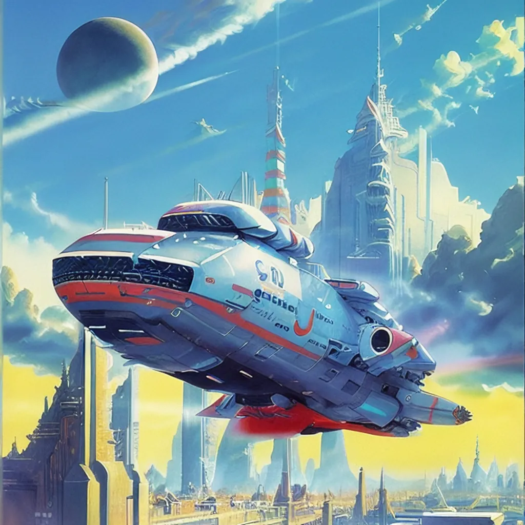 The image is of a spaceship flying over a futuristic city. The spaceship is white and blue and has a sleek design. The city is made up of tall buildings and skyscrapers, and there are flying cars and other vehicles in the air. The sky is blue and there are some clouds. The image is very detailed and looks like it was painted by an artist.