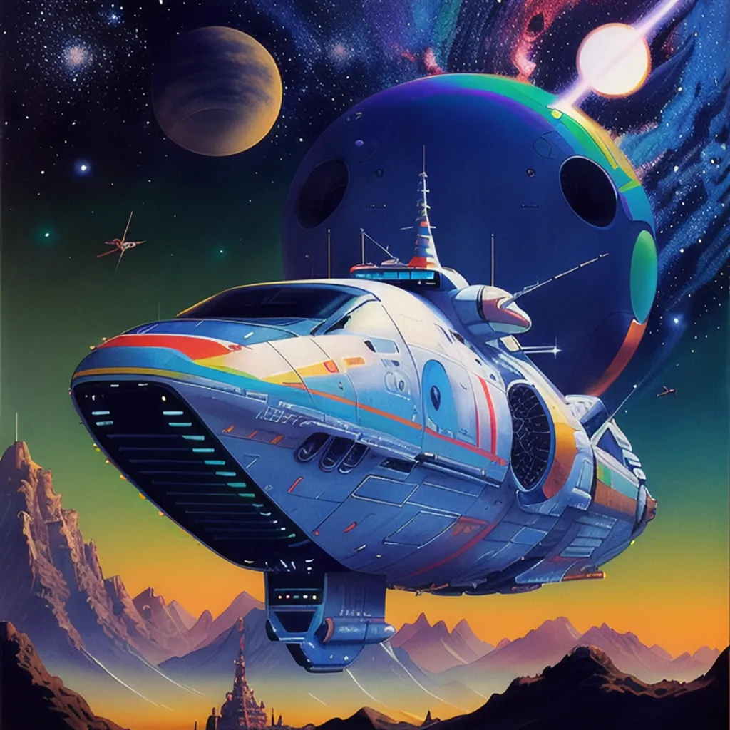 The image is a painting of a spaceship in space. The spaceship is in the foreground and is a large, white, and blue vehicle with a long, pointed nose and a large engine in the back. The spaceship is surrounded by stars and planets and is flying towards a large, blue planet. The planet has a rainbow-colored atmosphere and is surrounded by a large, white moon. The painting is done in a realistic style and has a lot of detail.