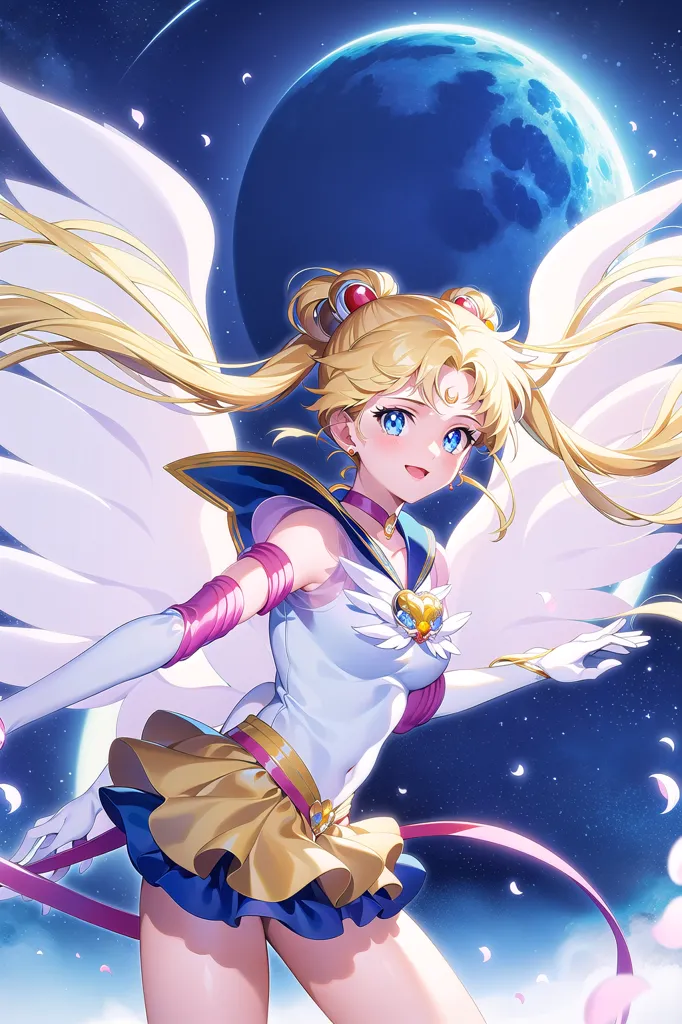 The image is of a young girl with long blonde hair and blue eyes. She is wearing a white and yellow leotard-style outfit with a pink bow at the center of her chest. She also has on a pair of white gloves and a yellow skirt with a blue belt. The girl is standing in front of a large blue moon with her arms outstretched. There are also white wings made of feathers coming out of the back of her head and neck.