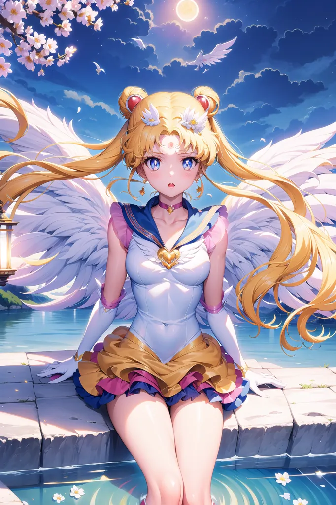 The image is of a young woman with long blonde hair who appears to be a magical girl. She is wearing a white and yellow leotard-style outfit with a pleated yellow skirt and white gloves. She also has on a golden necklace with a heart-shaped pendant. The woman has large blue eyes and is looking at the viewer with a slightly surprised expression. She is sitting on a stone wall with her feet in a body of water. There are cherry blossoms and white doves flying in the background, and a full moon in the sky.