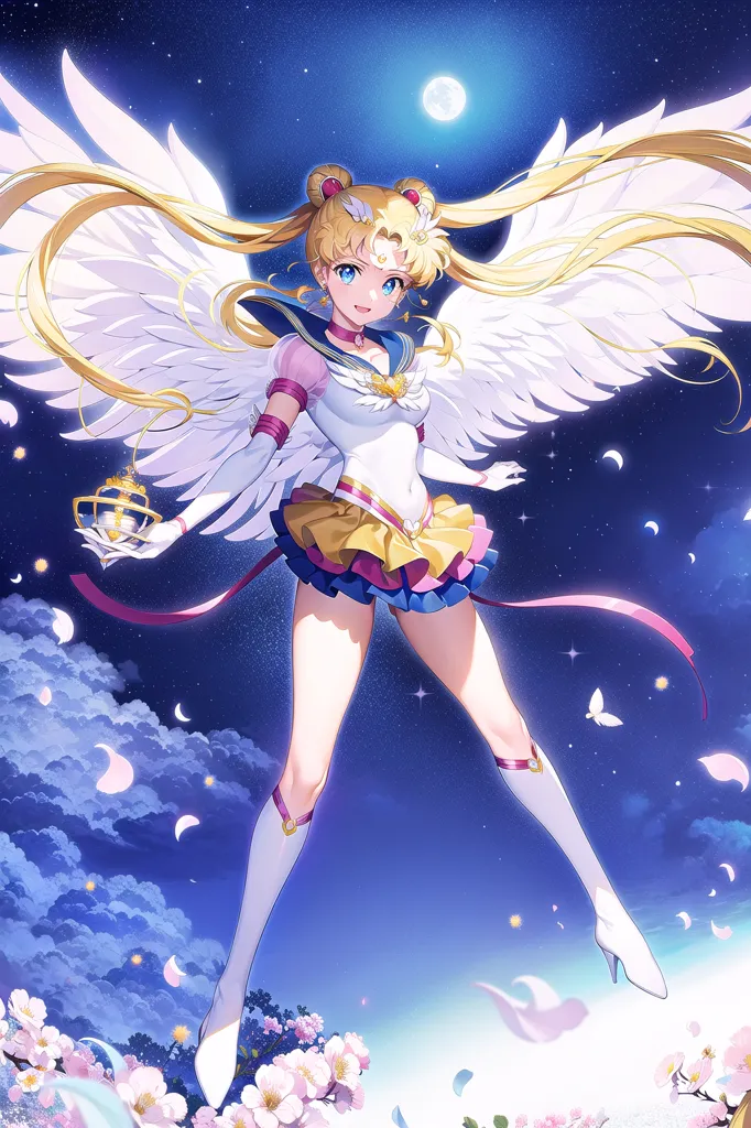 The image shows a young woman with long blonde hair and blue eyes. She is wearing a white and yellow leotard with a pink skirt and has a large pink bow in her hair. She also has white wings and is surrounded by pink and white flowers. The background is a dark blue night sky with a full moon. She is holding a golden scepter in her right hand.