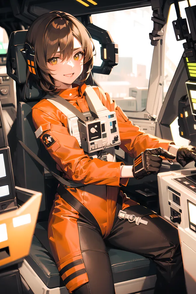 A young woman with brown hair and orange eyes is sitting in the cockpit of a spaceship. She is wearing an orange jumpsuit and a black vest. She is smiling and has her hand on the controls. There are several buttons and switches on the control panel. The background is a blur of light and dark colors.