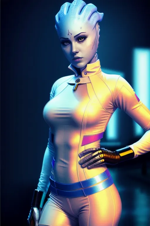 This is an image of a tall, slender, blue-skinned woman. She is wearing a white bodysuit with a blue stripe across her chest. The bodysuit has a high collar and long sleeves. She is also wearing a pair of black boots. The woman has long, black hair and blue eyes. She is standing in a dark room with a blue light shining on her.