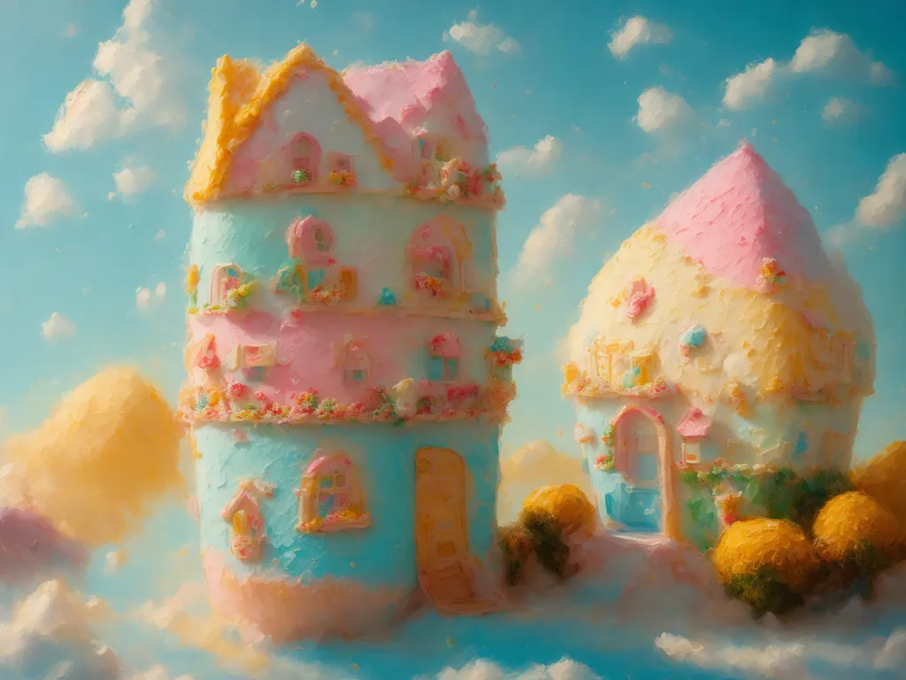 The image shows two cartoonish houses made of pastel-colored frosting with blue skies and white clouds in the background. The house on the left is taller and has three stories. It is blue and pink with yellow highlights and has four windows and a door. The house on the right is smaller and has two stories. It is pink and yellow with white highlights and has three windows and a door. Both houses have pink, yellow, and white flowers growing on them and around them.