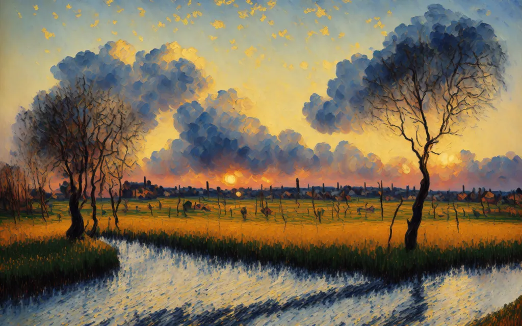 La peinture est dans un style post-impressionniste et représente un paysage rural au coucher du soleil. Le ciel est d'un orange et d'un jaune vibrants, avec des nuages épais et tourbillonnants. Les arbres sont dénudés et le sol est recouvert d'herbe. Il y a une rivière au premier plan et un petit village est visible au loin. La peinture est réalisée dans un style libre et expressif, et les couleurs sont audacieuses et vibrantes.