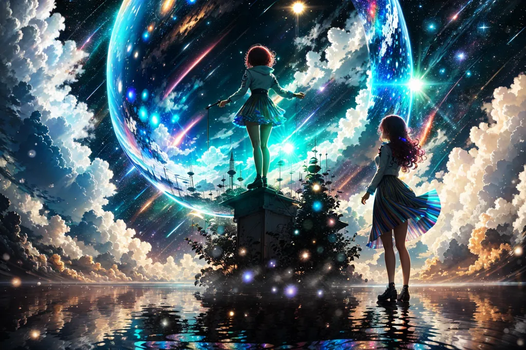 La imagen es de dos chicas anime de pie sobre una pequeña estructura en medio de un cuerpo de agua, mirando hacia una gran esfera brillante en el cielo. La esfera está compuesta por muchos colores diferentes y hay nubes y estrellas en el fondo. Las chicas llevan faldas y tienen el cabello suelto. La chica de la izquierda lleva una camisa azul y la chica de la derecha lleva una camisa blanca. El agua refleja el cielo y la esfera.