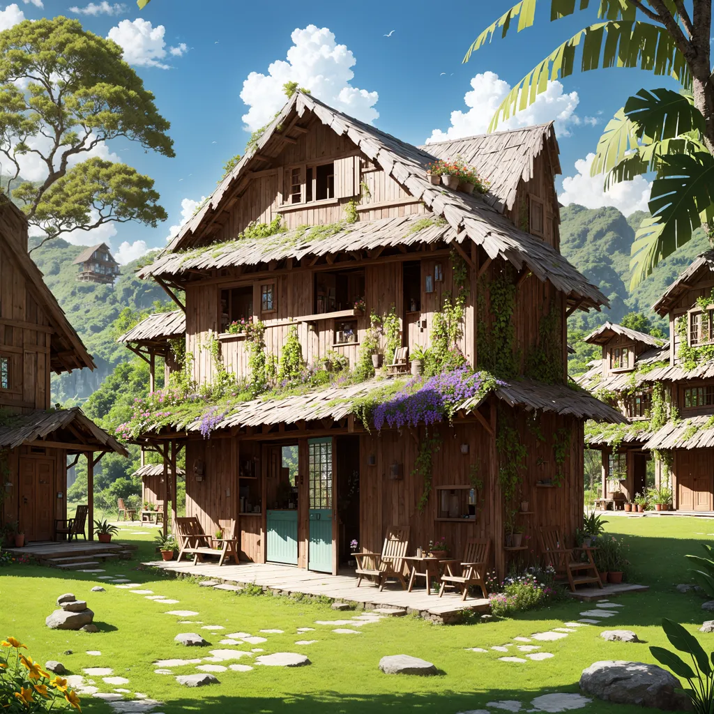 L'image montre un groupe de maisons en bois dans une forêt verdoyante. Les maisons sont construites sur pilotis et ont des toits de chaume. Il y a des arbres et des plantes tout autour des maisons, et une rivière est visible à l'arrière-plan. Les maisons sont reliées par des passerelles en bois, et quelques personnes s'y promènent. L'image est très paisible et sereine.