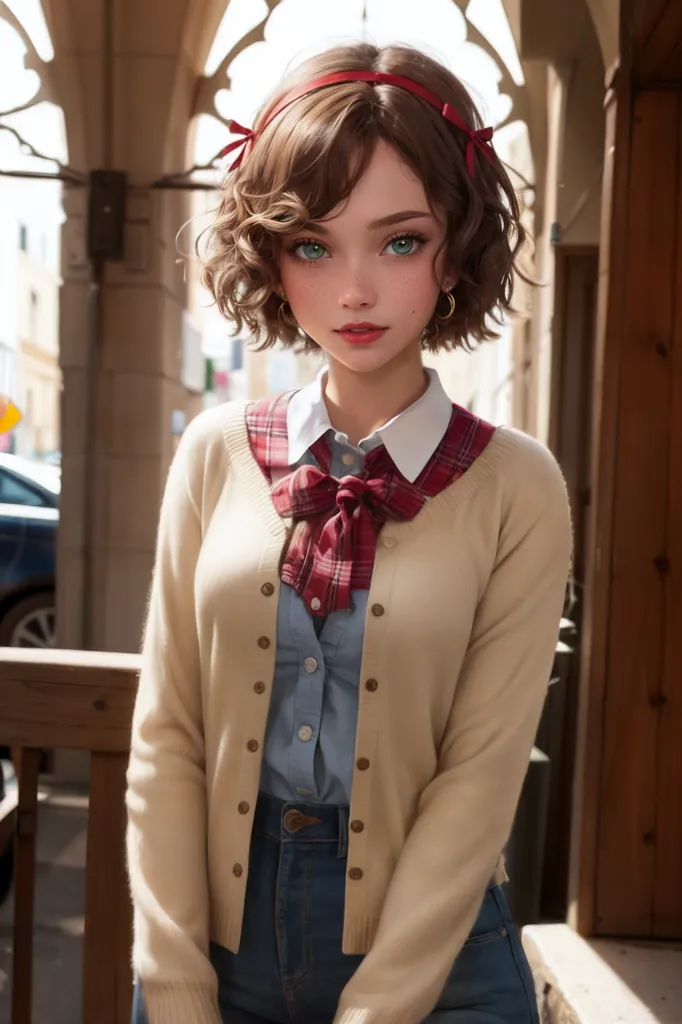 The image shows a young woman with short brown hair and green eyes. She is wearing a white blouse, a red plaid bow tie, and a beige cardigan sweater. She is also wearing blue jeans. The woman is standing in front of a blurred background of a city street.