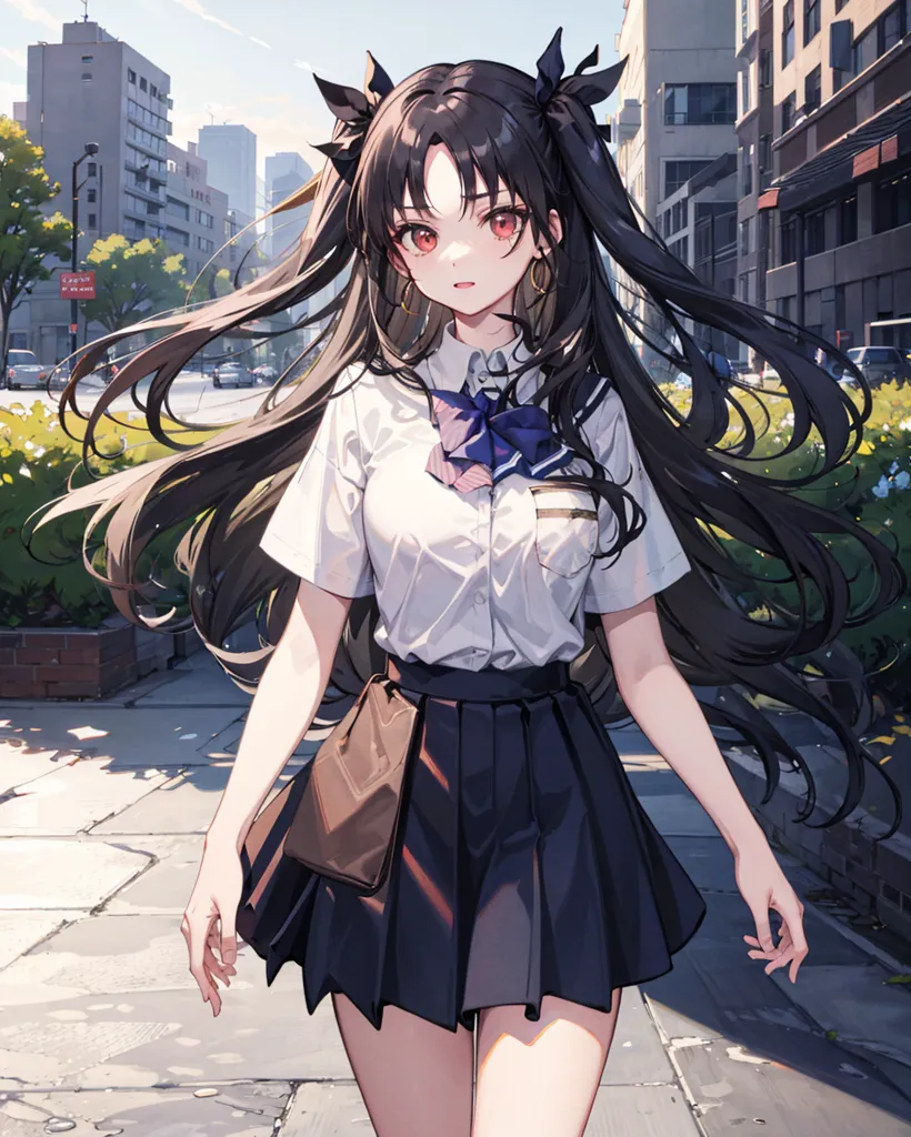 The image is of a young girl with long black hair, red eyes, and a beauty mark on her left cheek. She is wearing a white short-sleeved shirt, a black pleated skirt, a blue tie, and brown loafers. She is carrying a brown bag over her shoulder and is walking down a city street on a sunny day. There are buildings on either side of the street and trees in the background. The girl is looking at the viewer with a slightly puzzled expression on her face.