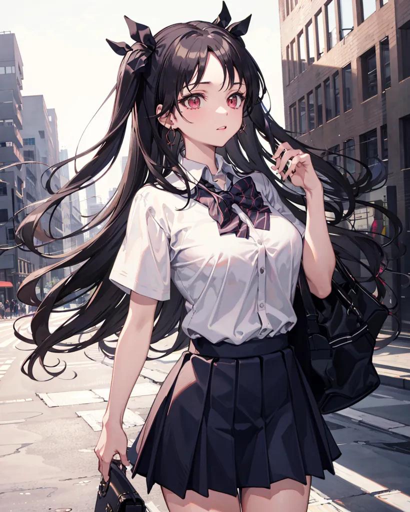 The image is of a young girl with long black hair, red eyes, and a beauty mark on her left cheek. She is wearing a white button-down shirt, a black pleated skirt, and a black backpack. She is carrying a black bag in her right hand and has the other hand on her hip. She is standing on a city street with tall buildings in the background.