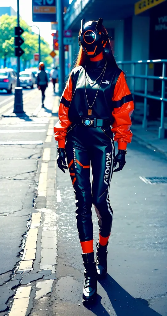 Une femme marche sur le trottoir dans une ville futuriste. Elle porte une tenue noire et rouge avec un casque et des gants. Elle a une expression confiante sur le visage et marche avec un but. La ville est en arrière-plan et est floue.