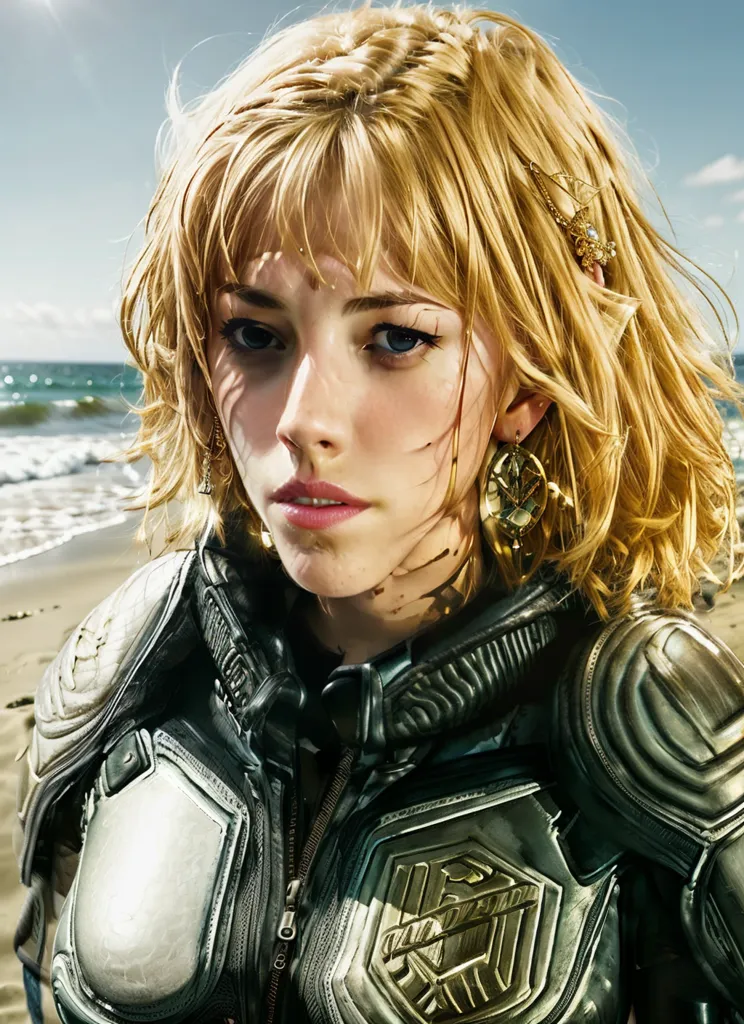 The image shows a young woman with short blonde hair and blue eyes. She is wearing a black leather jacket with silver and gold armor. She is standing on a beach, with the ocean behind her.