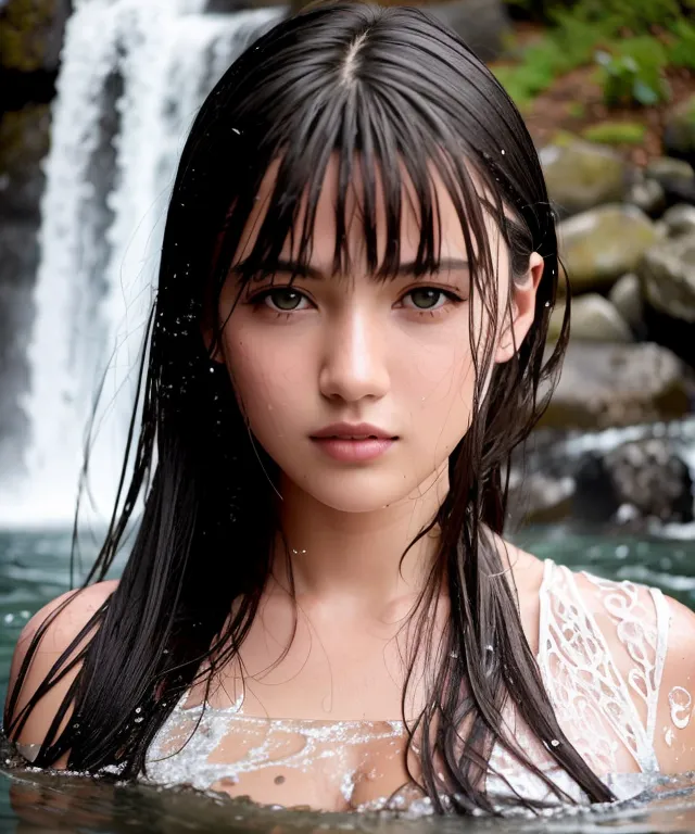 The picture shows a young woman with long black hair and bangs. She is standing in a river and the water is up to her chest. She is wearing a white dress with a lace pattern. The dress is wet and it clings to her body. The woman's eyes are dark brown and they are looking at the camera. Her skin is pale and flawless. The background of the picture is a blur of green trees and rocks.