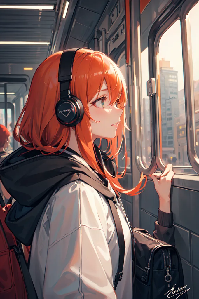 The image shows a girl with orange hair and green eyes. She is wearing a white shirt, a black jacket, and headphones. She is standing in a train, looking out the window. The train is moving through a city. There are buildings and trees outside the window. The girl is holding a bag. She has a peaceful expression on her face.